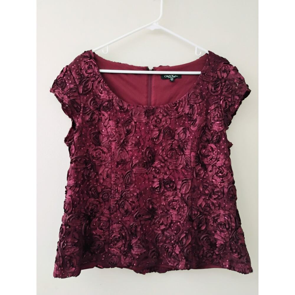 XL "Onyx" Cranberry Colored Women's top. Roses and sequins Plus Size. Formal.
